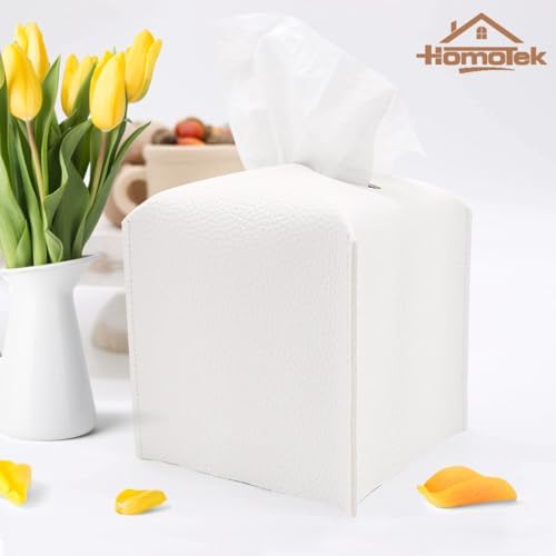 HOMOTEK 2 Pack Tissue Box Cover, Square PU Leather Tissue Holder, Decorative Facial Tissue Cube Paper Organizer Dispenser for Bathroom, Night Stands, Desk, Car 5X5X5'' - White, Pebble Grain - Image 3