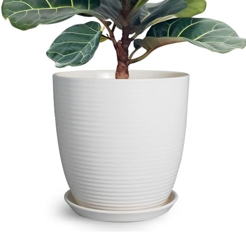 12 Inch Ceramic Planter Pot, Large Planter with Drainage Hole and Saucer Round Flower Pot for Indoor Outdoor Plants, White by EPFamily