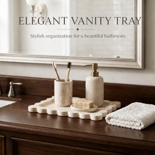 Koville Romano Travertine Vanity Tray, 11"x8" Natural Stone Organizer Tray for Countertop Bathroom Kitchen Dresser, Marble Decorative Scalloped Tray for Jewelry Cosmetics Perfume Trinket(Beige) - Image 4