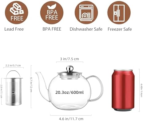 CNGLASS 600ml Glass Teapot with Removable Infuser,Clear Tea Kettle Stovetop Safe,Blooming and Loose Leaf Tea Maker - Image 2
