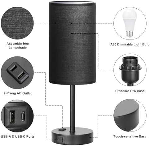 Fenmzee 17.4" Black Lamp for Bedroom - Dimmable Touch, USB A+C, AC Outlet - Image 5