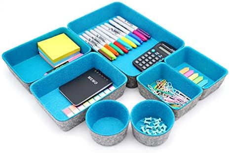 Welaxy Drawer organizers bins felt tray desk storage bins dividers small organizing box for office supplies closet cabinet makeup holder Fall room decor 7-piece (Turquoise) by Welaxy
