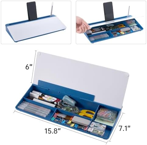 TSJ OFFICE Desktop Whiteboard Dry-Erase-Board - Computer Keyboard Stand White Board Surface Pad with Drawer, Desk Organizers with Accessories for Office, Home, School Supplies - Blue - Image 4