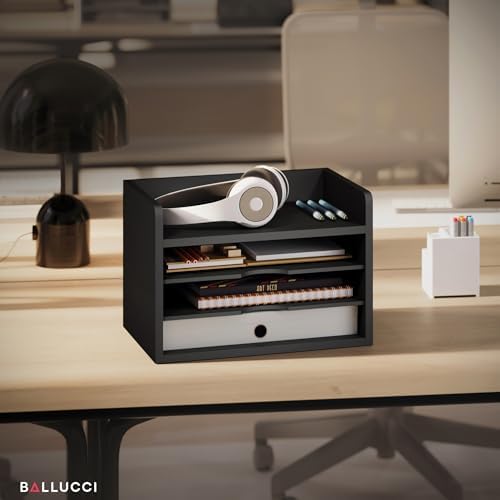 Ballucci File Organizer, 4-Tier Office Desk Organizer, Open Top Wood Paper Organizer for Classroom, Desktop Mail Sorter Paper Tray, Black - Image 3