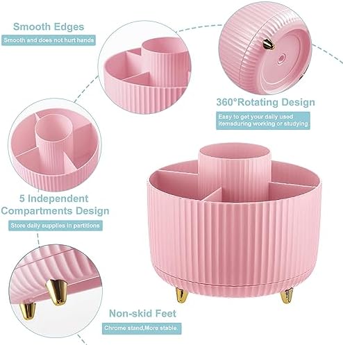 Cayxenful Pencil Holder For Desk,5 Slots 360°Degree Rotating Desk Organizers And Accessories,Desktop Storage Stationery Supplies Organizer, Cute Pencil Cup Pot For Office, School, Home (D-Pink) - Image 4