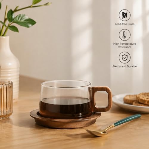 Clear Glass Coffee Cup with Wooden Handle and Base, 260ml Heat Resistant Tea Mug Set with Spoon, Elegant Latte Espresso Drinkware for Home Kitchen Office - Image 6
