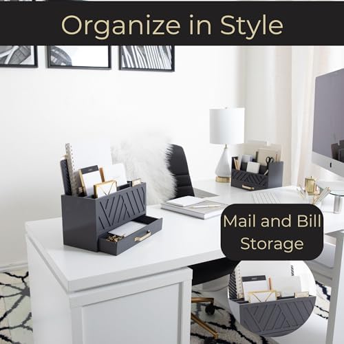 BLU MONACO | Grey Three-Tier Desktop Mail Organizer with Gold Label Holders & Drawer | Stylish Mail Holder and Countertop Document Storage for Home or Office - Image 2