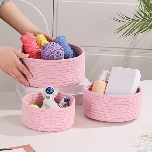 YMhoart Small Basket Cotton Rope Woven Baskets for Organizing Cute Mini Tiny Baskets for Nursery Decorative Boho Round Storage Bathroom Organization Bin Open Storage Bins (Pink) - Image 6