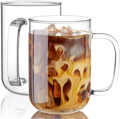 Glass Coffee Mugs, 27 oz Ice coffee cups, Large Clear Tea Cups Set of 2, Glass Mugs with Handles, Glass Cups for Latte, Cappuccino, and Tea by BWODYAY