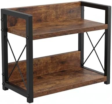 2-Tier Countertop Organizer, Iron-Wood Coffee Station Shelf, Heavy Duty Kitchen Counter Spice Rack for Coffee Bar, Pantry, Bathroom Storage(Brown) by IUSEIT