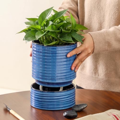 HASENSE Ceramic Self Watering Pots for Indoor Plant, 6 Inch Planter with Drainage Hole & Water Storage Saucer for Indoor & Outdoor Plants, Reactive Glaze Blue - Image 5