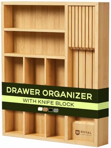 Drawer Organizer with Knife Block for Kitchen Organization, Bamboo Silverware Drawer Organizer, Compact Bamboo Cutlery Tray for Flatware and Utensils, Removable 7-Slot Knife Block for Kitchen Drawers by ROYALCRAFTWOOD