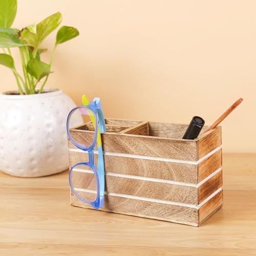 Hashcart Pen Holder Pencil Holder - Wood Pen Cup Pencil Cup for Desk - Office Desk Organizer - Makeup Brushes Holder - 3 Compartment Caddy for Home and Office - Image 3
