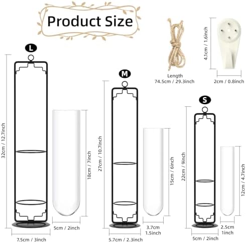 MIPON Metal Hanging Plant Propagation Station,3 Size Glass Test Tube Hydroponic Planter,Boho Wall Hanging Plant Cuttings Holder,Indoor Water Plant Terrarium Tubes for Home Office Window Decor-Black - Image 2