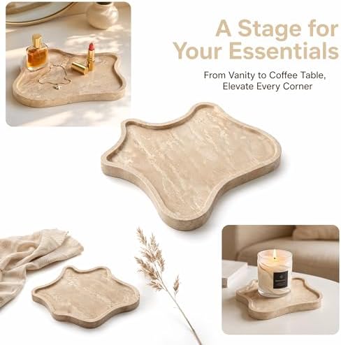 Natural Yellow Travertine Stone Tray Irregular Shape Decorative Organizer for Bathroom Vanity, Kitchen Countertop & Coffee Table | Unique Textured Display for Perfume, Candles, Jewelry（Small） - Image 4
