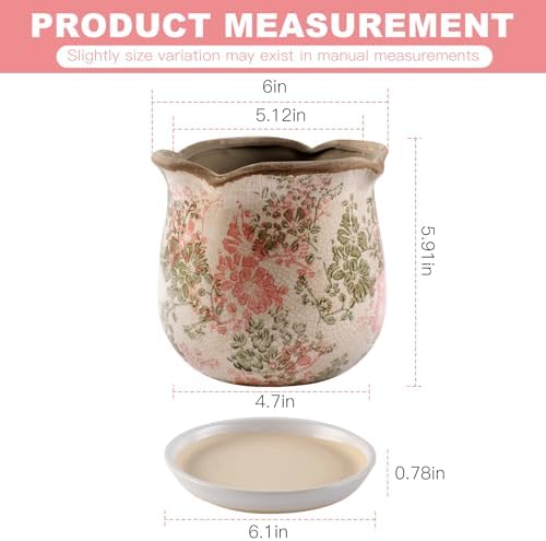Ceramic-Planters-for-Indoor-Plants with Saucer, 6 inch Vintage Ice Crackle Glaze Plant Pots with Drainage Holes, Decorative Flower Pots for Outdoor Garden Home Decor, Tuscan Pot for Plant - Image 4