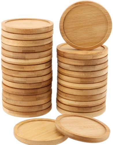 HOIGON 30 Pack Round Bamboo Coasters, 4 Inch Natural Wooden Coasters, Round Bamboo Tray Saucer Set for Drinks, Crafts, Succulents by HOIGON