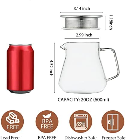 CNGLASS One-Touch Glass Teapot with Stainless Steel Filter Lid,20oz(600ml) Glear Tea Kettle Stovetop Safe,Borosilicate Glass Tea Pots for Loose Leaf Tea - Image 2