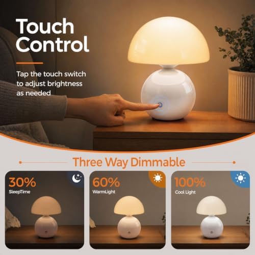 Senzoy Glass/Ceramic Mushroom Table Lamp, White Bedside Night Lamp - Image 3