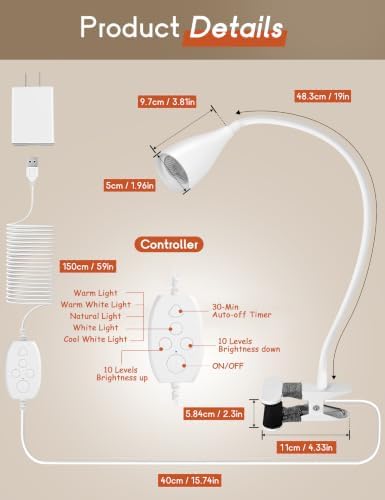 Reading Light for Book in Bed,Clip on Light Reading Lamp with Adapter White - Image 6