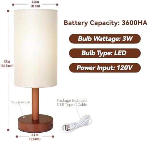 LALISU Cordless Table Lamp, 3 Color Portable Battery Lamp Wood Base Touch - Image 6
