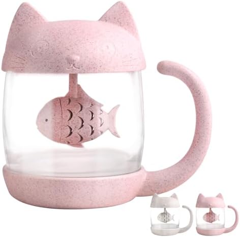 BigNoseDeer Cat Tea Cup Cute Mug Glass Pot with Fish Infuser for Loose Leaf Tea (Pink 8oz) by BigNoseDeer