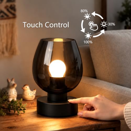 ONEWISH Touch Bedside Table Lamp, 3-Way Dimmable, Globe Glass Shade, 7.5 Inch Ultra Compact Nightstand Lamp, Warm White 2700K LED Bulb Included, Modern Design(Black) - Image 2