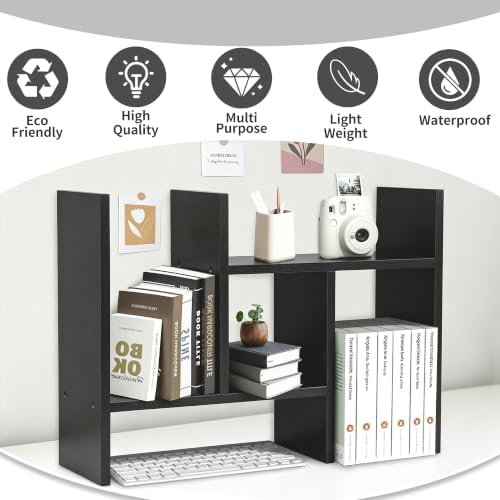 MASAKA B&W - Desk Organizer Aesthetic Shelf, Desktop Bookshelf, Double H Plants Display Shelf, Storage Rack Adjustable Stackable for Office Home Dorm - Perfect for Books, Plants & Decor (Black) - Image 4