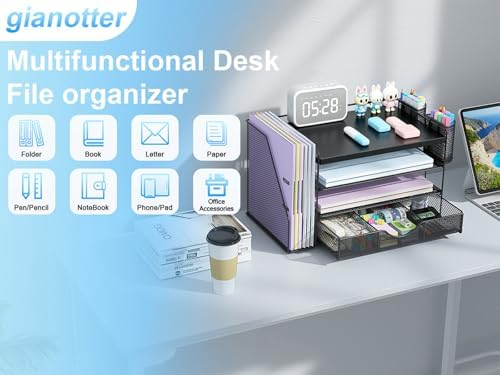gianotter Wood Desk Organizers and Accessories with File Holder, 4-Tier Desk Accessories & Workspace Organizers with Drawer and 2 Pen Holder, Desk Reference Organizer (Black, 4T with Metal Drawer) - Image 3