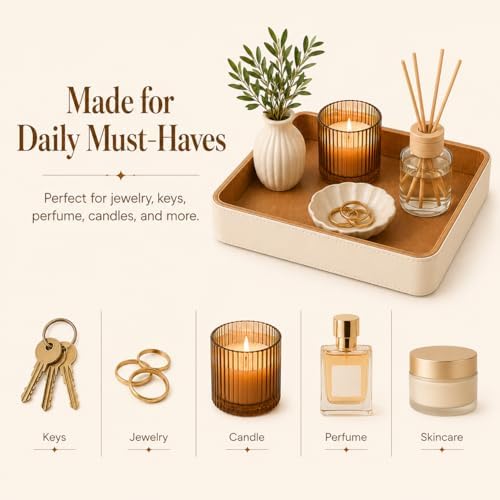 GORESE Square Perfume Tray for Dresser, PU Leather Jewelry Tray for Vanity, Cream White & Wooden - Image 3