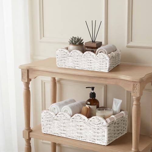 iEGrow Paper Rope Small Storage Baskets for Organizing, Set of 2 Scalloped Edge Wicker Basket with Wooden Handles Toilet Paper Basket for Over Toilet Storage Shelf, Home Decor, Living Room (White) - Image 6