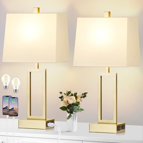 Lolikit 23.5" Touch Control Table Lamps, Metal Bedside Lamp for Bedroom Set of 2 with USB A+C Ports & AC Outlet, 3-Way Dimmable Nightstand Lamp for Living Room (LED Bulb Included) by Lolikit