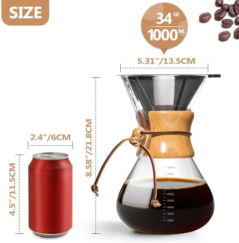 Pour Over Coffee Maker 34 OZ, 10 Cup Borosilicate Glass Drip Coffee Maker with Reusable Stainless Steel Filter and Cork Grip for Home Café 1000 ML - Image 4