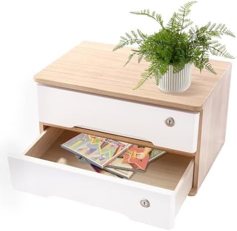 2-Tier Desktop Storage Box with Lockable Drawer, Wooden Desk Organizer for Office Supplies, Flat File Cabinet, Minimalist Design for Home & Office Use(Original Wood+White) by Unknown