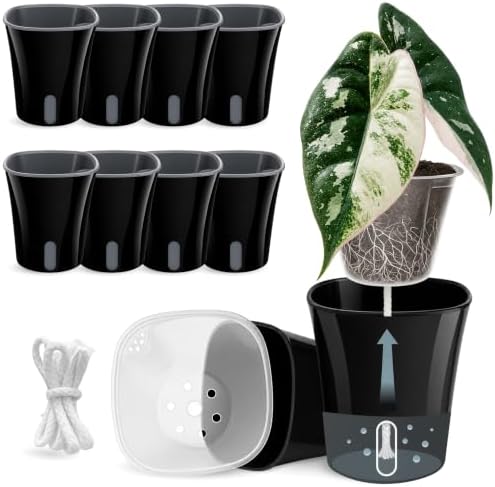 10 Pack 3" Self Watering Pots for Indoor Plants, Clear Inner Cup, Small Black Plastic Planters, Water Level Indicator, Drainage Holes, Extra 3ft Wick, Cuttings,Seedlings,Herb,African Violet by Vandorelle
