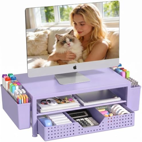 OPNICE Desk Organizers and Accessories, Computer Monitor Stand Riser with Drawer and 2 Pen Holders, Printer & Laptop Stand, Office Desk Accessories & Workspace Organizers for Home Office Supplies, Purple by OPNICE