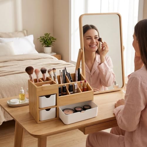 Bamboo Makeup Organizer with 3 Drawers & Adjustable Dividers, Desk Cosmetic Storage Box, Vanity Countertop Organizer for Bathroom, Office, Bedroom, Natural Bamboo Color (11.5x5.4in) - Image 2