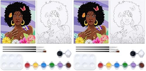 VOCHIC Canvas Painting Kit Pre Drawn Canvas for Painting for Adults Party Kits Paint and Sip Party Supplies 8x10 African American Women Flowers Art Set (Pack of 2) by VOCHIC