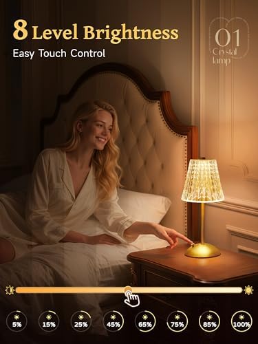 Crystal Cordless Lamp, Dimmable+3 Colors Rechargeable Lamp, Touch+2000mAh Battery Operated Vintage Ambient Light for Kitchen/Bedroom/Bathroom Shower, College Gifts, Mothers Day Gifts for Wife Daughter - Image 4