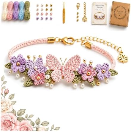 DIY Nature-Inspired Crochet Bracelet Kit, Handmade Jewelry Making Set with Yarn, Beads Crochet Hook, Art Craft Supplies for Adults, Woven Bracelets Craft Gift，A by Unknown