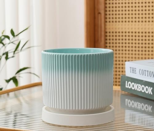 Cuteforyou 5.1 Inch Modern Textured Ceramic Succulent Planter Pot – Perfect for Small Plants, Cacti & Desk Decor – Lightweight & Durable，Blue - Image 2