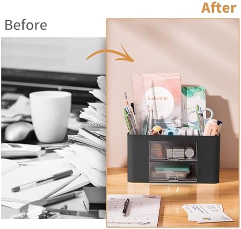 Marbrasse Pen Organizer with 2 Drawer, Multi-Functional Pencil Holder for Desk, Desk Organizers and Accessories with 5 Compartments + Drawer for Office Art Supplies (Black) - Image 7