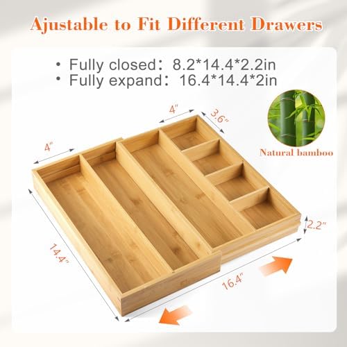 Bamboo Sliding Desk Drawer Organizer 8.2'' up to 16.4'' x 14.4'' x 2.2'' Expandable Office Desk Accessories Supplies Tray with 7 Compartments for Pens, Notebooks, Rulers, and Makeup Jewelry Vanity - Image 2