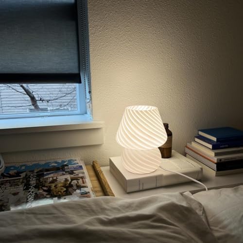 ONEWISH Mushroom Lamp-Small Bedside Table Lamp with Striped Glass, Nightstand Lamp for Bedroom, Living Room, 3000K E26 Bulb Included(White) - Image 5