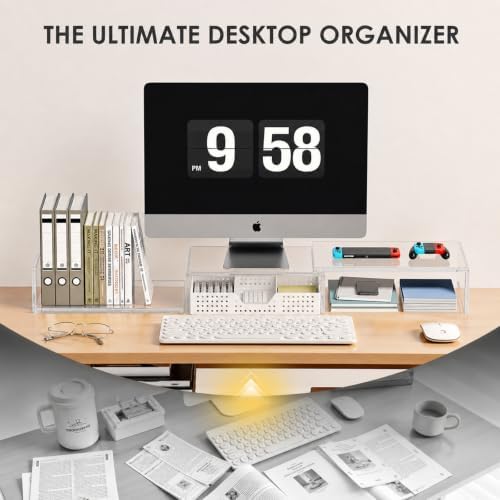 OPNICE Clear Acrylic Desk Organizers and Accessories, Dual Monitor Stand Riser with Drawer and 2 Pen Holders, Desk Shelf Printer Stand for Office Workspace Organizers, Desktop Organization (Transparent) - Image 5