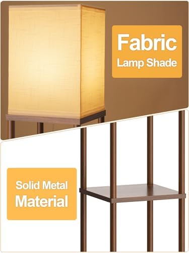 Floor Lamp with Shelves for Living Room Walnut Brown, Shelf Floor Lamp with 3 CCT LED Bulb, Corner Display Standing Column Lamp Etagere Organizer Tower Nightstand with White Linen Shade for Bedroom - Image 2