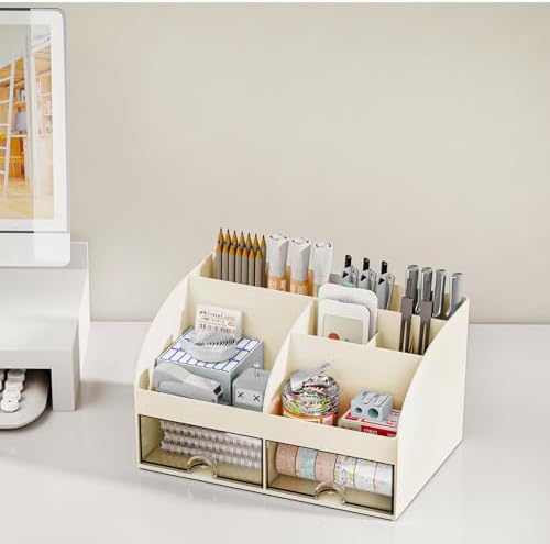 COMFYROOM Desk Organizer with 6 Compartments and 2 Drawers, Plastic Makeup Organizer, Pen Holder for Desktop Storage, Desk Organization for School, Home, Office Supplies (Ivory) - Image 5
