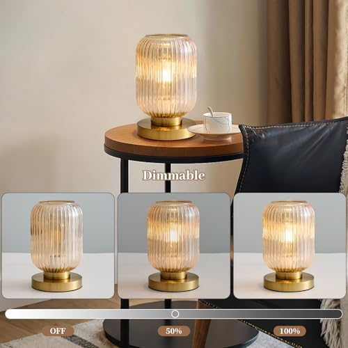 Amber Glass Table Lamp,Vintage Gold Base Ribbed Bedside Lamp - Image 6