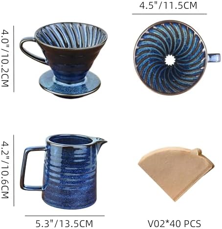 Pour Over Coffee Maker,Ceramic Coffee Maker With 40 pcs Paper Filter，15oz/450ml Pour Over Coffee Dripper (Starry Blue, V02) - Image 2