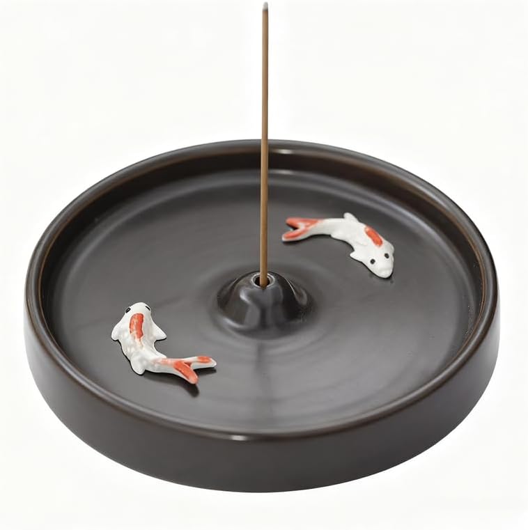 Incense Holder Modern Minimalist Circular Incense Stick Burner for Cones or Sticks for Yoga & Meditation, Enhance Atmosphere,Ceramic Ash Catcher Black with Small Fish by Warmself